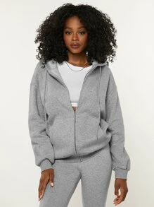 SHEIN BASICS Drop Shoulder Zip Up Hoodie - Light Grey - View 5