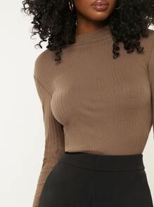 SHEIN BASICS 立領肋織上衣 - 駝色 - 查看 5