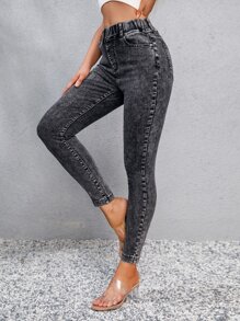 SHEIN Frenchy 高腰斜口袋緊身牛仔褲 - 深灰色 - 查看 1