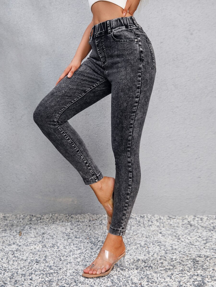 SHEIN Frenchy 高腰斜口袋緊身牛仔褲 - 深灰色 - 查看 1