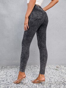 SHEIN Frenchy 高腰斜口袋緊身牛仔褲 - 深灰色 - 查看 2