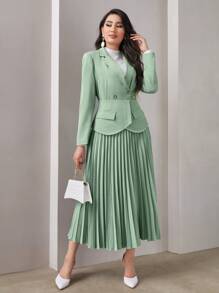 Modelyn Solid Blazer & Flap Detail Foldover Pleated Skirt - Mint Green - View 1