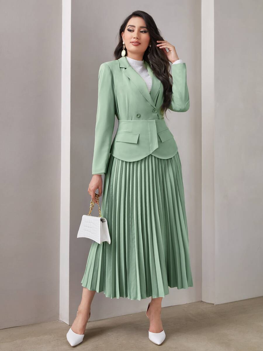 Modelyn Solid Blazer & Flap Detail Foldover Pleated Skirt - Mint Green - View 1