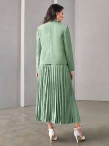 Modelyn Solid Blazer & Flap Detail Foldover Pleated Skirt - Mint Green - View 2