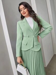 Modelyn Solid Blazer & Flap Detail Foldover Pleated Skirt - Mint Green - View 3