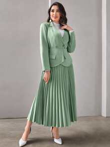 Modelyn Solid Blazer & Flap Detail Foldover Pleated Skirt - Mint Green - View 4