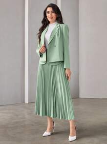 Modelyn Solid Blazer & Flap Detail Foldover Pleated Skirt - Mint Green - View 5