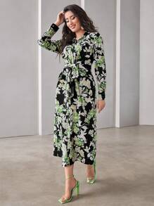 Mulvari Floral Print Ruffle Trim Knot Front Arabian Dress - Multicolor - View 1