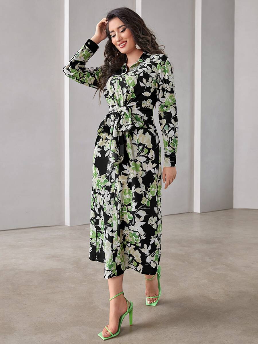 Mulvari Floral Print Ruffle Trim Knot Front Arabian Dress - Multicolor - View 1