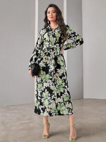 Mulvari Floral Print Ruffle Trim Knot Front Arabian Dress - Multicolor - View 3