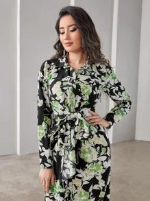 Mulvari Floral Print Ruffle Trim Knot Front Arabian Dress - Multicolor - View 5