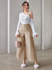 Modelyn 不對稱領毛茸茸袖口上衣和闊腿褲無鏈 - 彩色 - 查看 1