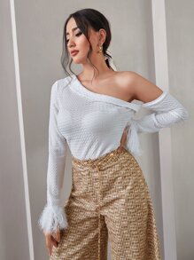 Modelyn 不對稱領毛茸茸袖口上衣和闊腿褲無鏈 - 彩色 - 查看 4