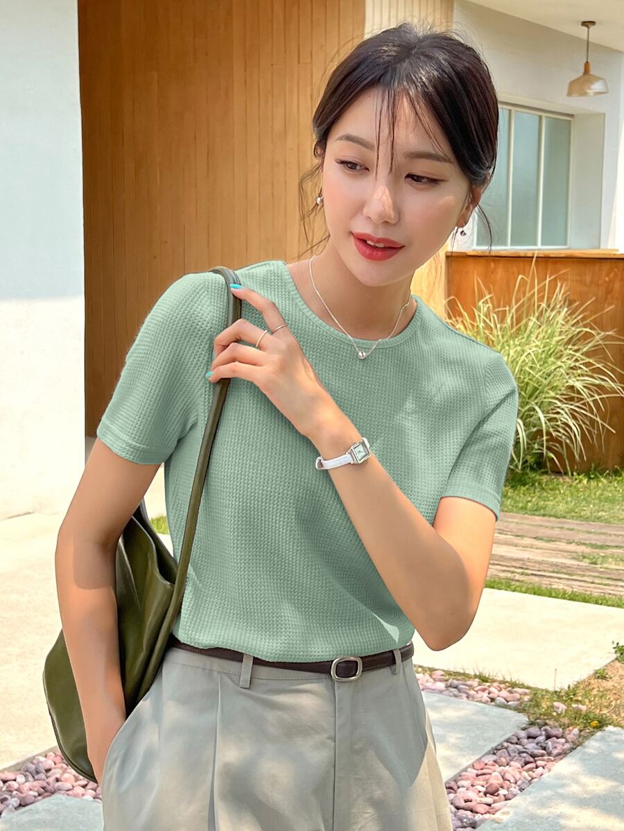 DAZY Dệt kim Waffle Vòng cổ Áo thun - màu xanh lá - Xem 1