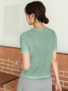 DAZY Dệt kim Waffle Vòng cổ Áo thun - màu xanh lá - Xem 2