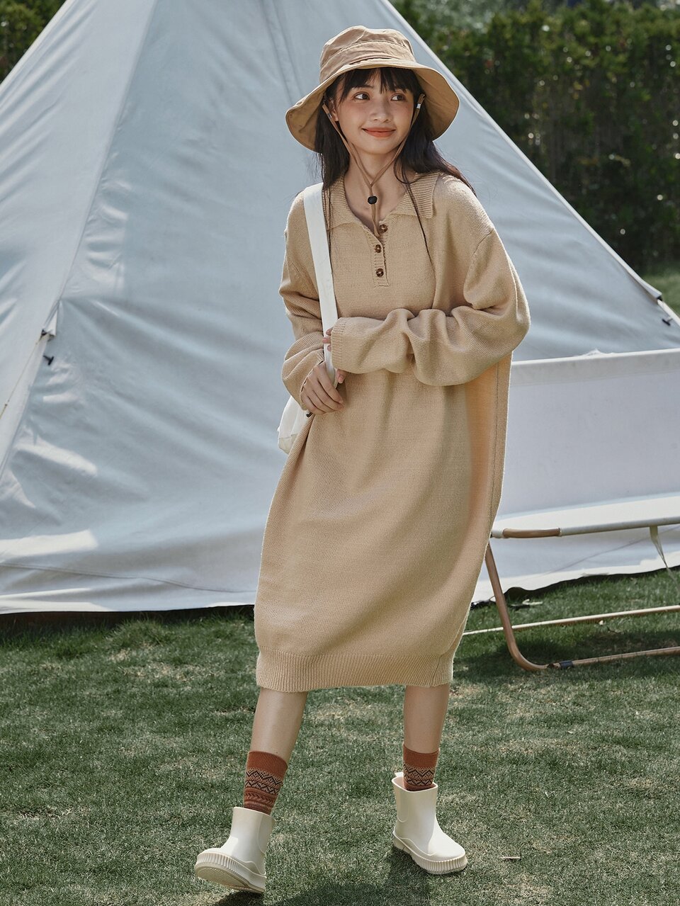 Polo Neck Drop Shoulder Sweater Dress