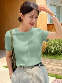 DAZY Dệt kim Waffle Vòng cổ Áo thun - màu xanh lá - Xem 5
