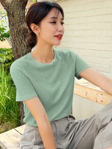 DAZY Dệt kim Waffle Vòng cổ Áo thun - màu xanh lá - Xem 6