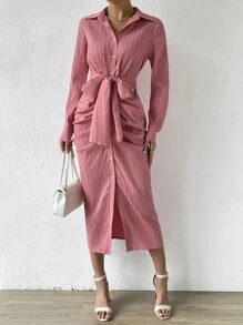 Chiquease Tie Front Shirt Dress Maxi Women Outfit - Pink - View 3