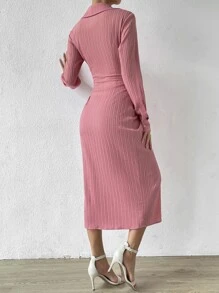 Chiquease Tie Front Shirt Dress Maxi Women Outfit - Pink - View 2