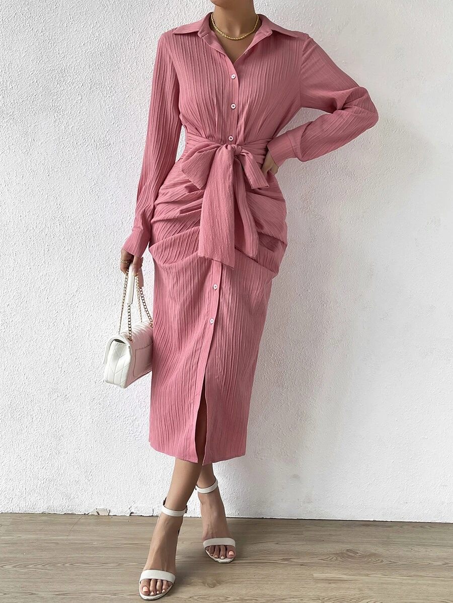 Chiquease Tie Front Shirt Dress Maxi Women Outfit - Pink - View 1