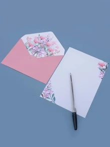 2 piezas liso Sobre & 6 piezas con patrón de flor Papel carta - Rosa - Ver 2
