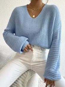SHEIN MOOSTA V Neck Drop Shoulder Sweater,Long Sleeve Tops Knit Pullover Fall Winter Outfit - Blue - View 1