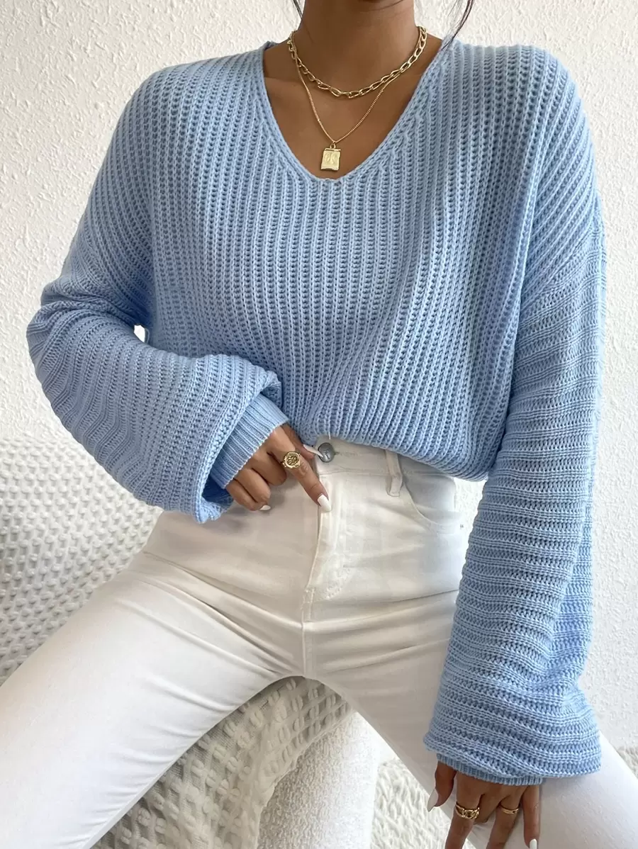SHEIN MOOSTA V Neck Drop Shoulder Sweater,Long Sleeve Tops Knit Pullover Fall Winter Outfit - Blue - View 1
