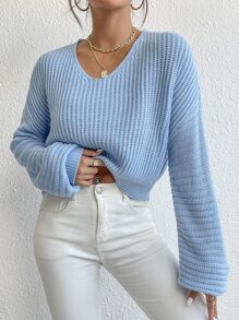 SHEIN MOOSTA V Neck Drop Shoulder Sweater,Long Sleeve Tops Knit Pullover Fall Winter Outfit - Blue - View 3