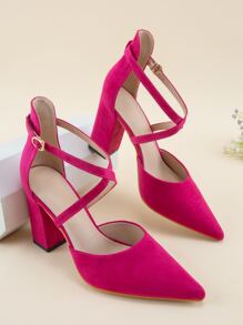 時尚粉色高跟鞋適用於女士尖頭粗跟仿麂皮踝帶高跟單鞋
