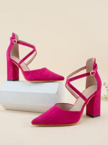時尚粉色高跟鞋適用於女士尖頭粗跟仿麂皮踝帶高跟單鞋