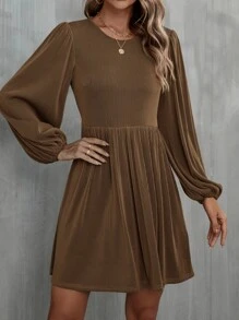 SHEIN Unity Ribbed Knit Lantern Sleeve Dress - Coffee Brown - View 1