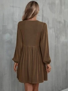 SHEIN Unity Ribbed Knit Lantern Sleeve Dress - Coffee Brown - View 2