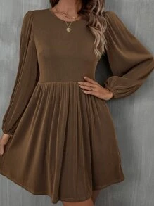 SHEIN Unity Ribbed Knit Lantern Sleeve Dress - Coffee Brown - View 3