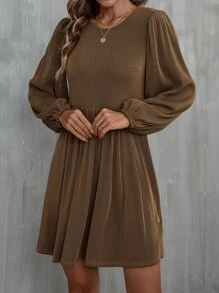 SHEIN Unity Ribbed Knit Lantern Sleeve Dress - Coffee Brown - View 4