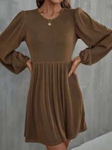 SHEIN Unity Ribbed Knit Lantern Sleeve Dress - Coffee Brown - View 5