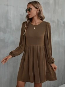 SHEIN Unity Ribbed Knit Lantern Sleeve Dress - Coffee Brown - View 6