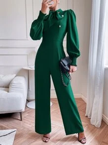 SHEIN Privé 繫帶領抽褶袖口燈籠袖連身褲 - 墨綠色 - 查看 1