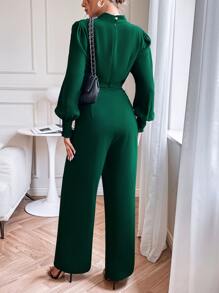 SHEIN Privé 繫帶領抽褶袖口燈籠袖連身褲 - 墨綠色 - 查看 2