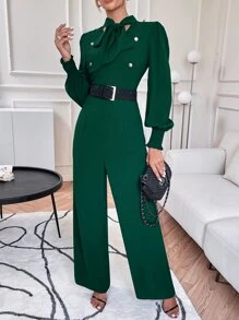 SHEIN Privé 繫帶領抽褶袖口燈籠袖連身褲 - 墨綠色 - 查看 3