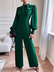 SHEIN Privé 繫帶領抽褶袖口燈籠袖連身褲 - 墨綠色 - 查看 4