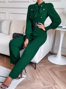 SHEIN Privé 繫帶領抽褶袖口燈籠袖連身褲 - 墨綠色 - 查看 5