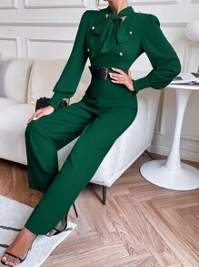 SHEIN Privé 繫帶領抽褶袖口燈籠袖連身褲 - 墨綠色 - 查看 6