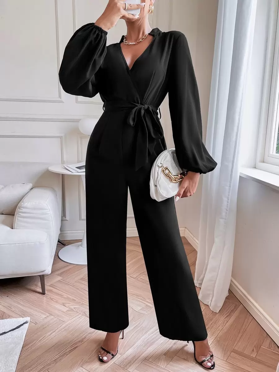 Chiquease Lantern Sleeve Belted Jumpsuit - Black - View 1