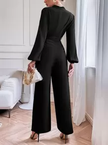 Chiquease Lantern Sleeve Belted Jumpsuit - Black - View 2