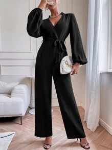 Chiquease Lantern Sleeve Belted Jumpsuit - Black - View 3
