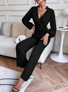 Chiquease Lantern Sleeve Belted Jumpsuit - Black - View 6
