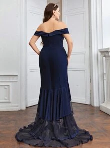 SHEIN Belle Plus Off Shoulder Contrast Mesh Layered Hem Dress - Navy Blue - View 2