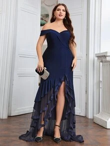 SHEIN Belle Plus Off Shoulder Contrast Mesh Layered Hem Dress - Navy Blue - View 6