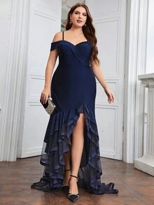 SHEIN Belle Plus Off Shoulder Contrast Mesh Layered Hem Dress - Navy Blue - View 4